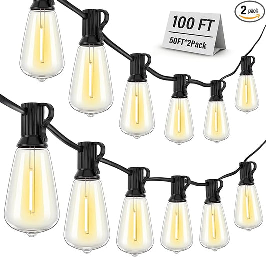 Outdoor String Lights Waterproof, 100FT (50FT 2Pack) Patio Lights Outdoor with 54 ST38 Edison Bulbs (4 Sqare), Hanging Lights with Plug in Cord for Porch, Backyard, Bistro, Garden, 2700K