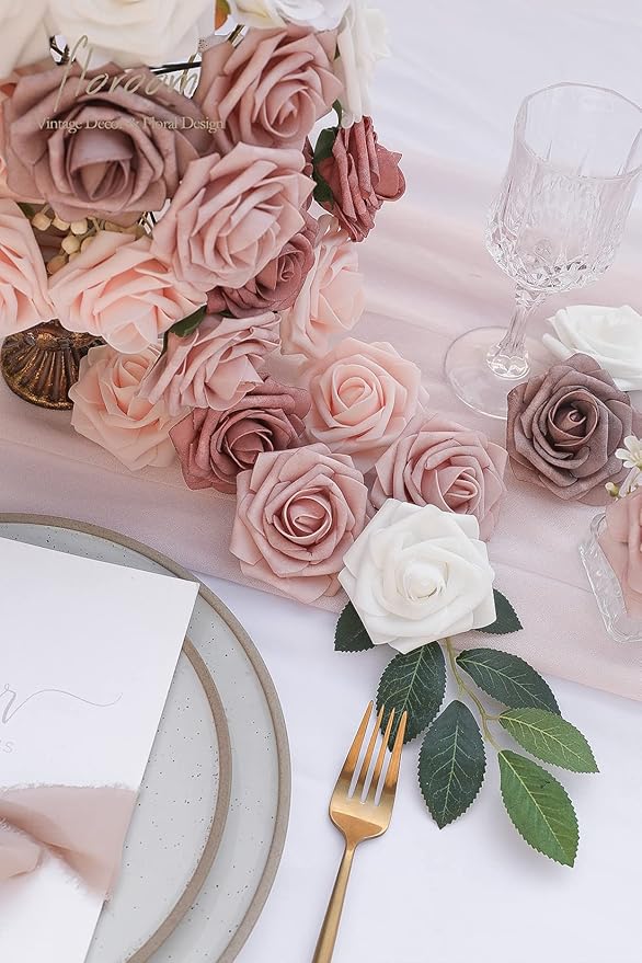 Floroom Artificial Flowers 25pcs Real Looking Dusty Rose Ombre Colors Foam Fake Roses with Stems for DIY Wedding Bouquets Bridal Shower Centerpieces Floral Arrangements Party Tables Home Decorations