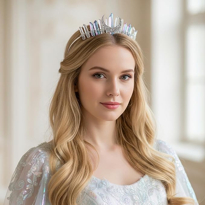 White Purple Crystal Witch Crown - Fantasy Quartz Moon Princess Headband, Gothic Fairy Queen Tiaras for Wedding Prom Quinceañera Pageant Halloween Renaissance Headwear for Women