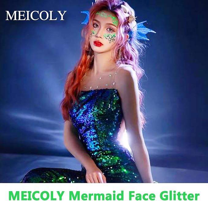 MEICOLY Green Face Body Glitter,Christmas Face Glitter Stocking Stuffers,Green Accessories for Spirit Week Alien Costume,Face Paint Glitter Makeup for Halloween Festival Rave Outfits
