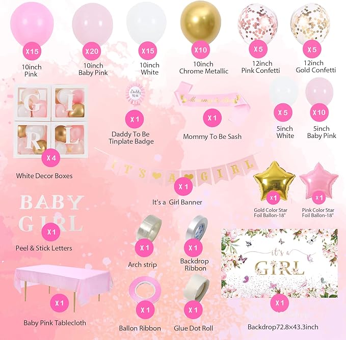 Pink Gold Baby Shower Decor Kit with It's a Girl Backdrop Banner, Balloons, Pink Balloon Garland, Tablecloth and Sash