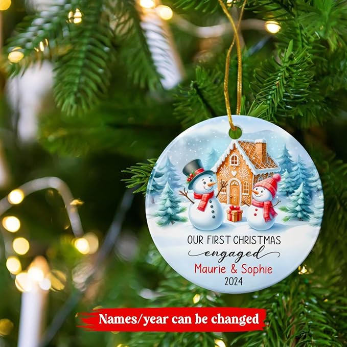 Personalized Engagement Ceramic Ornament 2025, Gifts for Newly Engaged Couples, Our First Christmas Engaged Ornament, Custom Year & Names Couple Snowman Just Engaged Ornament, Happy Engagement Gift
