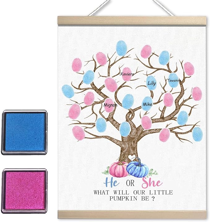 Pumpkin Baby Shower Gender Reveal Fingerprint Tree Canvas Guest Books, Gender Reveal Party Decorations Gifts Ideas, Thumbprint Hanging Paintings