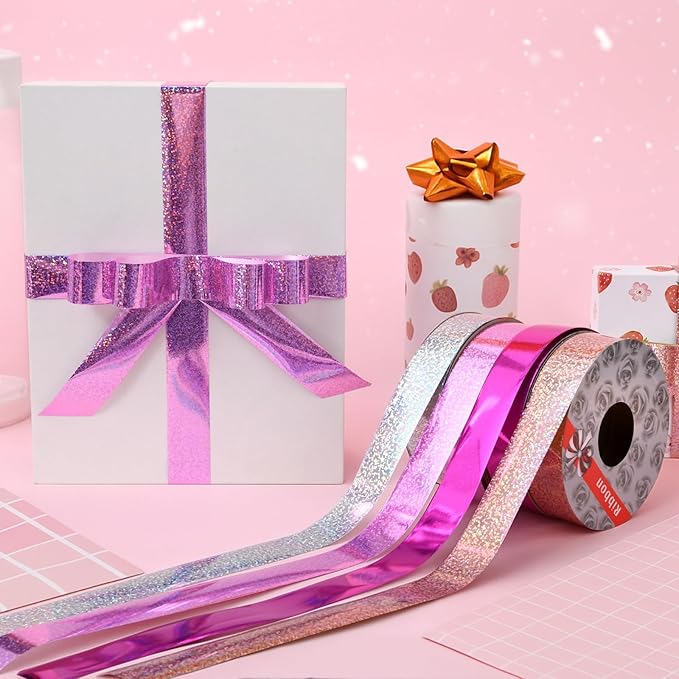4 Rolls Wrapping Shiny Waterproof Ribbon for Christmas, 50 Yards Curling Plastic Ribbon for Gifts Package Wrapping, Bows, Festival Craft Party Decor(Purple, Pink, Rose Gold, Silver,1 Inch)
