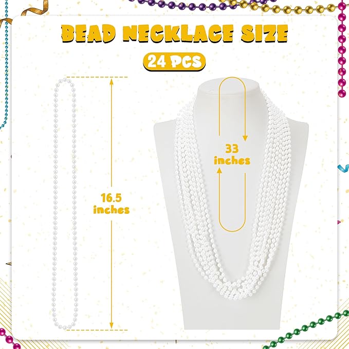 24 PCS White Mardi Gras Beads Necklace Bulk, 33" Round Beads Costume Necklaces for Parade Throws, Holiday Costume Bulk for Carnival Wedding Birthday Decorations