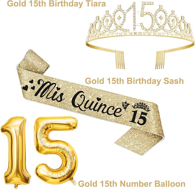 15th Birthday Decorations for Girls Gold with15th Birthday Crown and Sash, Candles and Cake Topper, Number Balloons, Sweet 15 Year Old Gifts for Girls