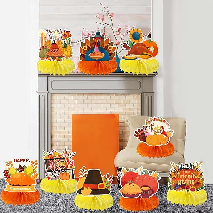 Thanksgiving Table Decorations Centerpieces 9pcs Friendsgiving Table Decorations Fall Centerpieces Turkey Centerpieces for Tables Thanksgiving Honeycomb Table Decorations for Fall Pumpkin Party