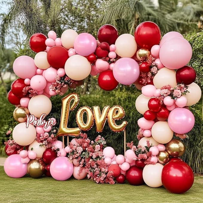 Red Pink Balloon Garland Double Stuffed Pink Rose Red Blush Nude Balloon Arch Pearl Burgundy Gold Latex for Birthday Bridal Shower Wedding Engagement Party Decorations