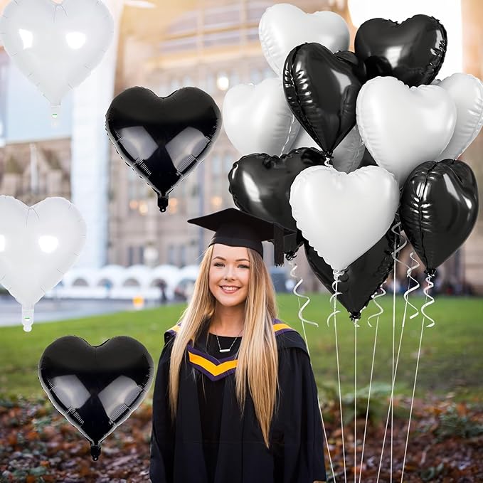 Black White Heart Balloons, 18 Inch Large Matt Black and White Heart Shape Foil Helium Balloon for Birthday Wedding Graduation Engagement Baby Shower Valentines Bachelorette Party Decoration