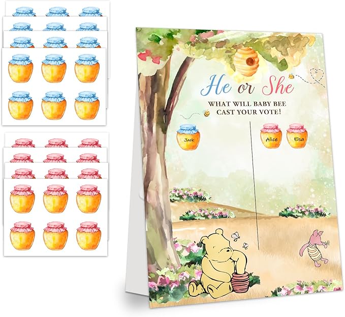 Gender Reveal Winnie the Pooh Party Games, Winnie the Pooh Theme Baby Gender Reveal Voting Board Sign, 48 Boy Girl Voting Stickers, He or She, Baby Gender Reveal Party Games for Boy or Girl Shower
