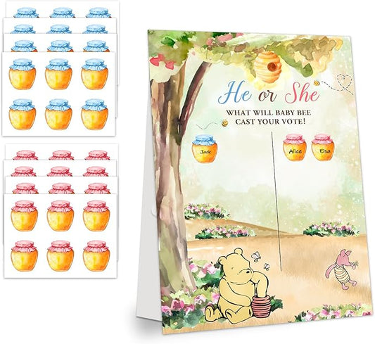 Gender Reveal Winnie the Pooh Party Games, Winnie the Pooh Theme Baby Gender Reveal Voting Board Sign, 48 Boy Girl Voting Stickers, He or She, Baby Gender Reveal Party Games for Boy or Girl Shower