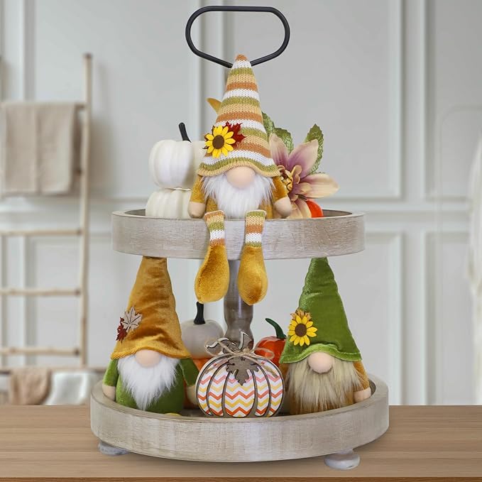DAZONGE Thanksgiving Decor, 3PCS Harvest Gnomes Plush for Tiered Tray Decor, Thanksgiving Decorations for Home, Fall Leaves and Dangle Legs Gnomes for Home Decorations