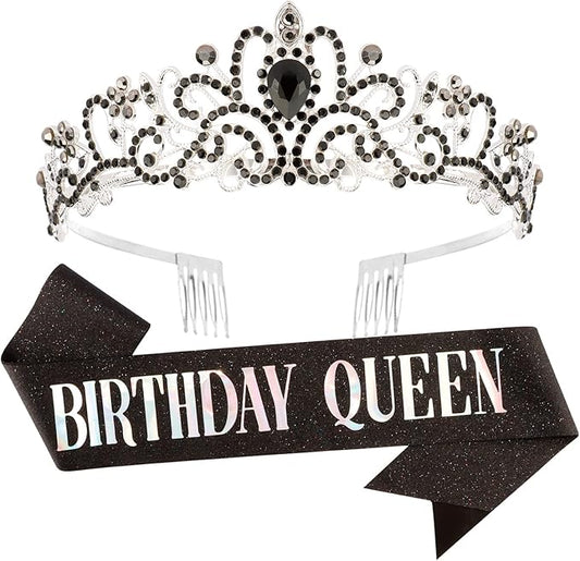 Velscrun Birthday Queen Tiaras Crown for Women, Queen Tiara for Mom, Girls Princess Crowns for Women, Black Rhinestones Birth Crown Headband Birth Sash, 50th Birthday Prom Party Decorations