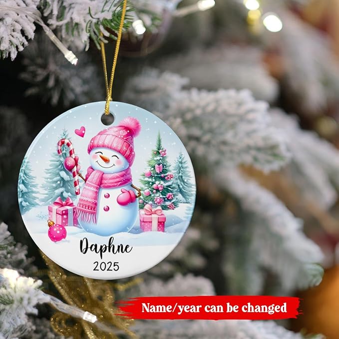 Personalized Pink Snowman Ceramic Christmas Ornament, Custom Name Snowman Lover Keepsake Gift for Kids Daughter Wife Her Girlfriend