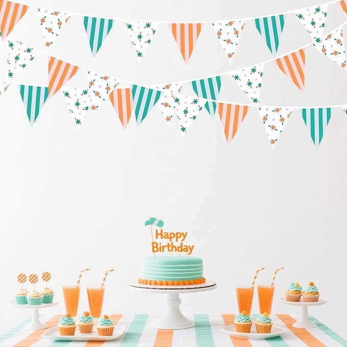 32Ft Italian Summer Party Decorations Orange Green Summer Wavy Floral Stripe Fabric Pennant Banner Triangle Flag Garland Streamer for Last Toast Coast Birthday Summer Baby Shower Bachelorette Supplies