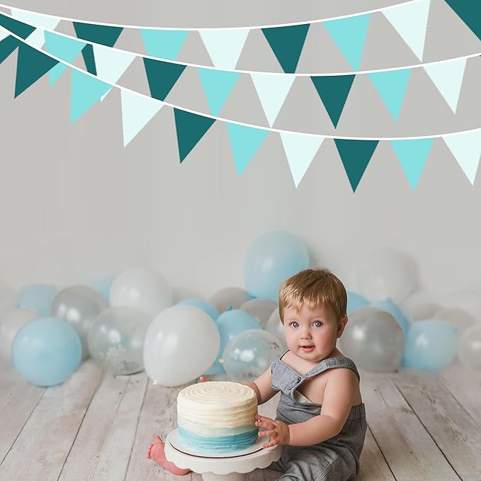 32Ft Teal Party Decorations Dark Green Teal Blue Triangle Banner Flag Pennant Fabric Garland Streamers for Summer Birthday Aqua Green Baby Shower Sea Beach Turquoise Party Outddor Decor Supplies
