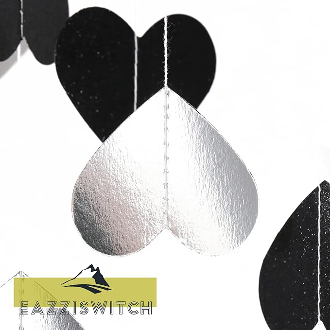 Men Black Birthday Party Decorations: Silver White Glitter Hearts Banner Garland Streamers Backdrop for Bachelorette Bachelor Events Engagement Wedding Celebration Halloween Décor - 52 Ft