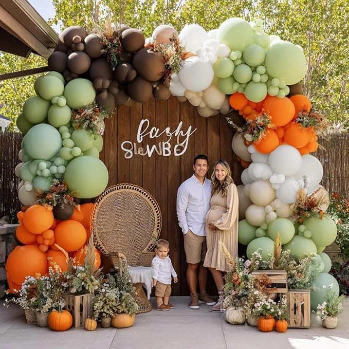 Fall Balloon Arch Garland Kit, Double Stuffed Sage Green Brown Orange White Balloon for Fall Autumn Dinosaur Thanksgiving Woodland Pumpkin Little Cutie Baby Shower Birthday Party Decor