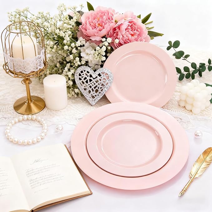 MENDENG 50PCS Pink Plastic Plates for Party, 25x10.25 Dinner Plates & 25x7.5 Dessert Plates, Heavy Duty Disposable Plastic Plates for Wedding Party Birthday Mother's Day