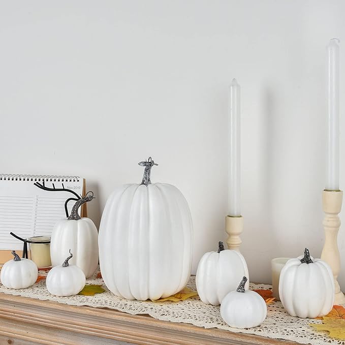 Lvydec 7pc Assorted Size White Pumpkins Craft Pumpkins for Halloween Thanksgiving Autumn Festive Party Supplies