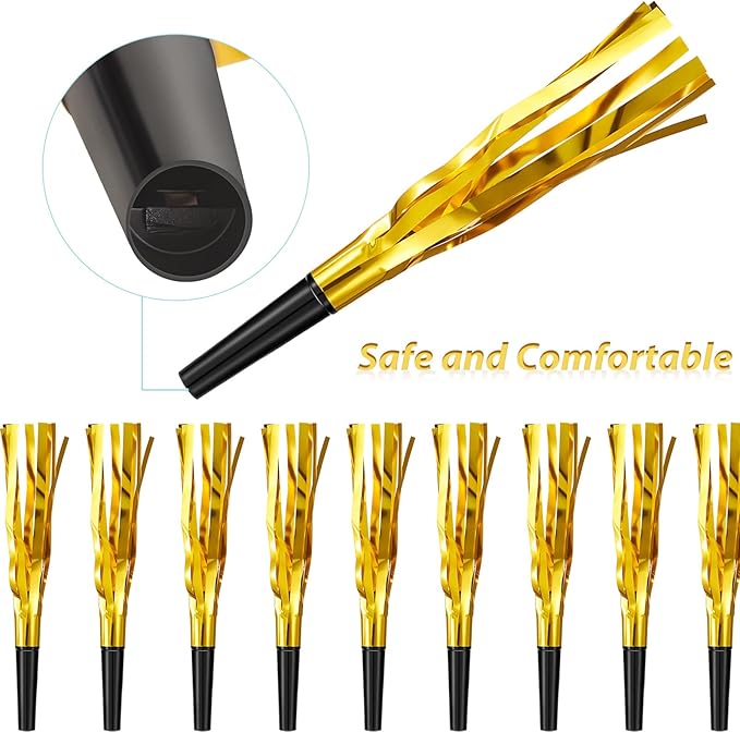 200 Pcs Party Blowers Noise Makers Horns Blowout Clappers Noisemakers for Halloween Christmas Birthday Sporting New Year's Eve Party Supplies 2026(Black Gold)
