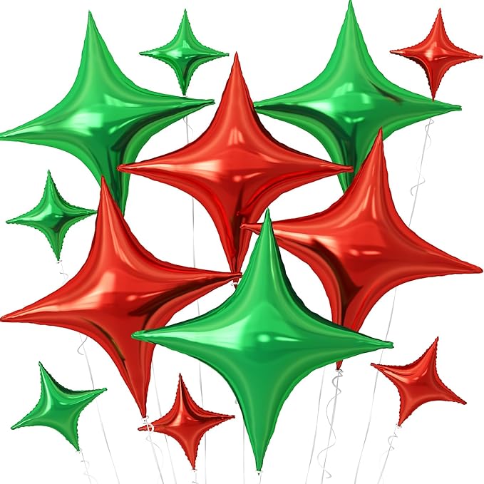 Red Green Christmas Balloons,12Pcs Four Angle Star Foil Balloons,26Inch and 10Inch Red Green Quadrangle Helium Balloon for Christmas Xmas New Year Birthday Party Decorations