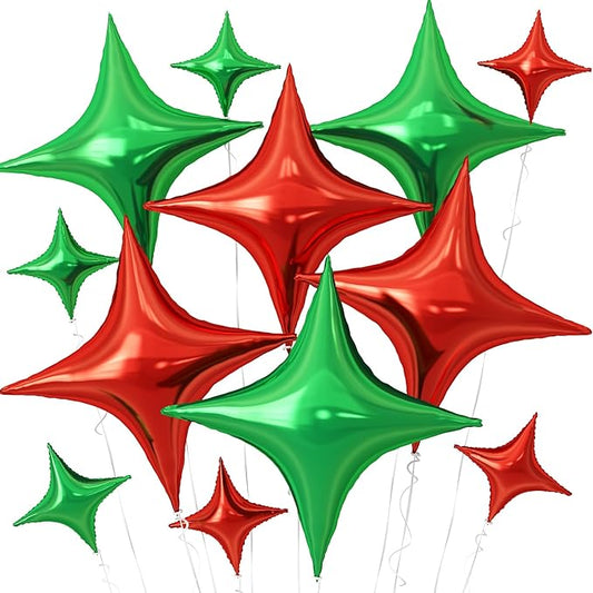 Red Green Christmas Balloons,12Pcs Four Angle Star Foil Balloons,26Inch and 10Inch Red Green Quadrangle Helium Balloon for Christmas Xmas New Year Birthday Party Decorations