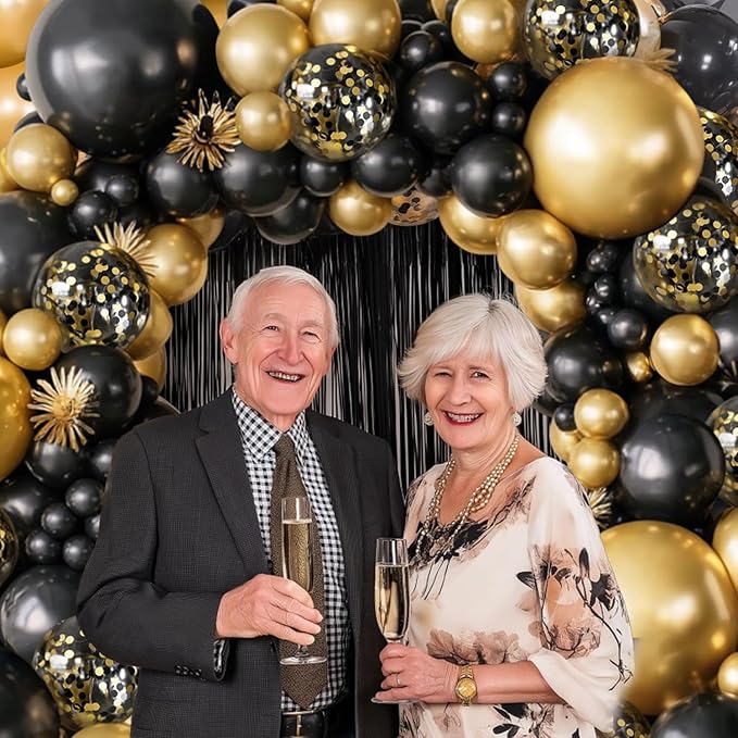 Black and Gold Balloon Arch Kit, 144pcs Black and Gold Balloons Metallic Gold Confetti Balloons Different Sizes 18/12/10/5in for Birthday Wedding New years Graduation Masquerade Party Decorations