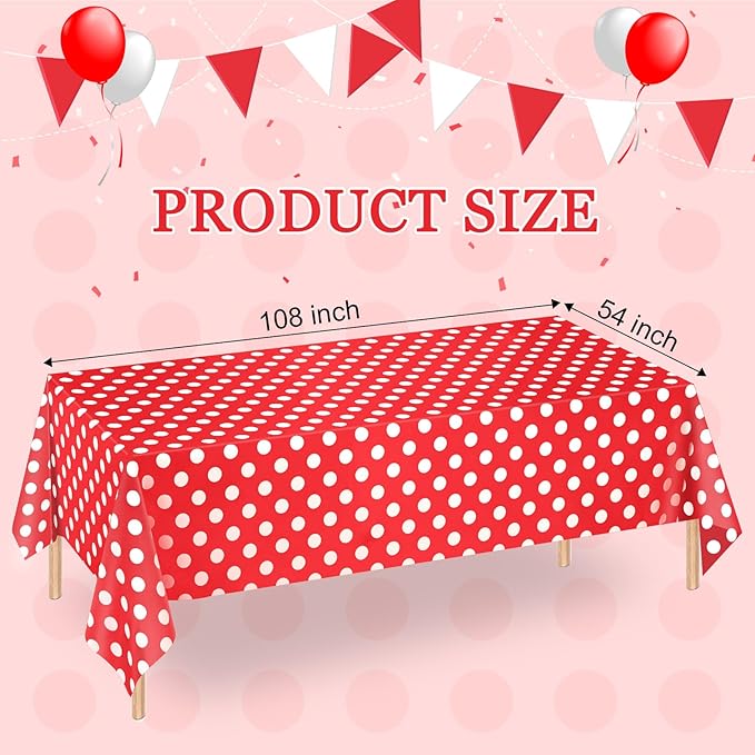 WNINK 2 Pack Red and White Polka Dot Tablecloths – Disposable Plastic Waterproof Table Cover, 54" x 108", for Birthday, Wedding, Bridal Shower, Bachelor Party, and Picnic
