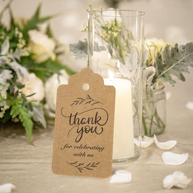 SallyFashion 100 PCS Thank You Tags, Kraft Paper Gift Tags with Hanging Strings for Wedding, Bridal Shower, Thanksgiving Day Labels