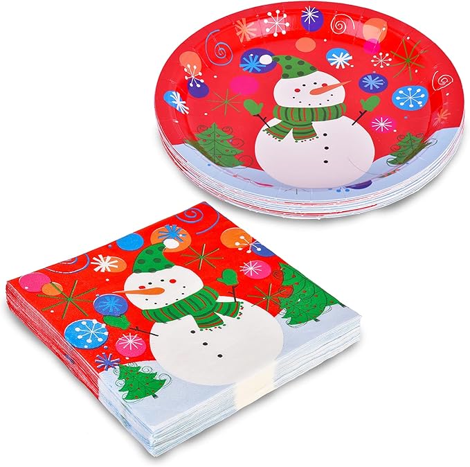 Gatherfun Christmas Party Supplies Christmas Snowman Disposable Paper Dinner Plates and Napkins for Party decorations, Serve 20