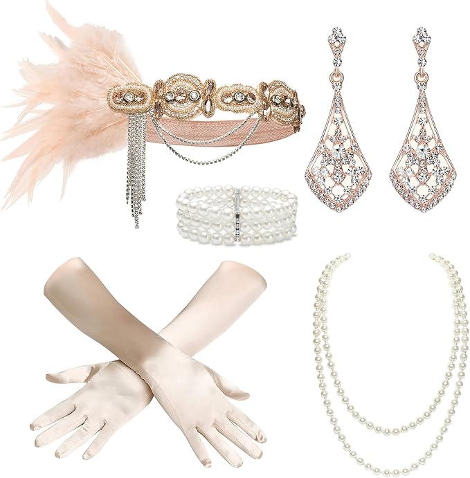 BABEYOND 1920s Flapper Accessories Gatsby Costume Accessories Set 20s Flapper Headband Pearl Necklace Gloves
