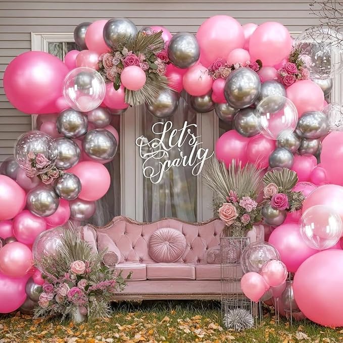 Pink Silver Balloon Garland Double Stuffed Light Pink Balloon Arch Kit with Clear Bobo Balloons for Birthday Baby Shower Wedding Bridal Shower Princess Party Decorations
