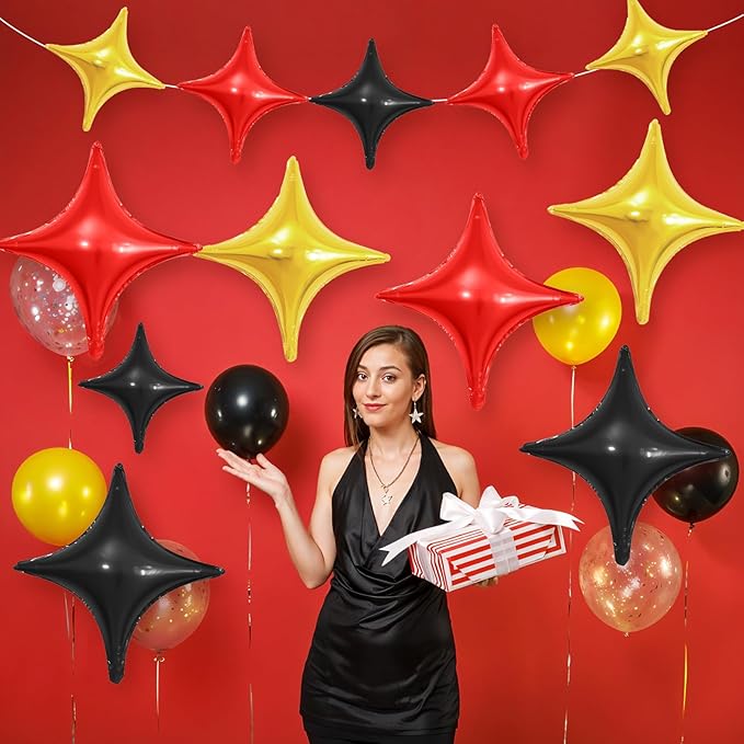 Black Red Gold Star Balloons,12Pcs Four Angle Star Foil Balloons,26Inch and 10Inch Black Gold Red Quadrangle Helium Balloon for Birthday Anniversary Party Decorations