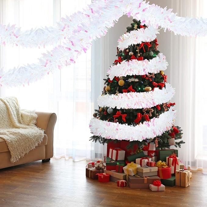 Dilunave 40 Feet Christmas Tinsel Garland Metallic Foil Twist Tinsel Garland Decoration for Christmas Tree, Wedding, Birthday and Party Hanging Decorations(White)