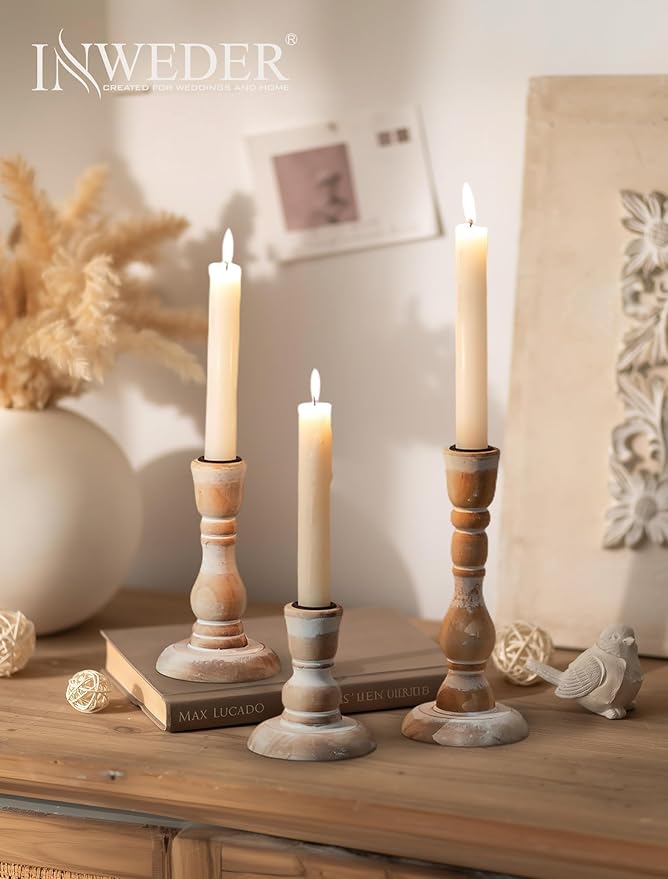 Wooden Candlestick Holders Rustic: Farmhouse Wood Taper Candle Holders Boho Candle Sticks Holder Fall Decor for Dinning Table Mantle Party Holiday Christmas Wedding Home Set of 6
