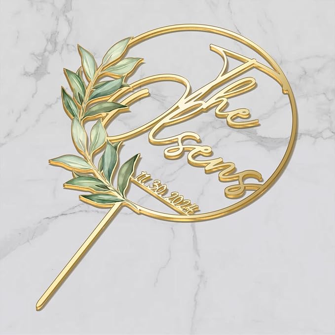 Personalized Wedding Cake Topper with Custom Bride & Groom's Last Name and Wedding Date Round Cake Decoration with Green Leaves