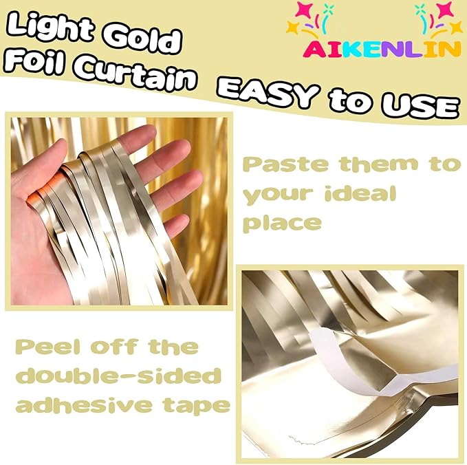 4 Pack 3.2Ft x 9.8Ft Light Gold Foil Fringe Curtain Backdrop, Metallic Tinsel Foil Fringe Streamers Curtains for Party, Photo Booth Props, Birthday, Wedding, Christmas Decoration Supplies