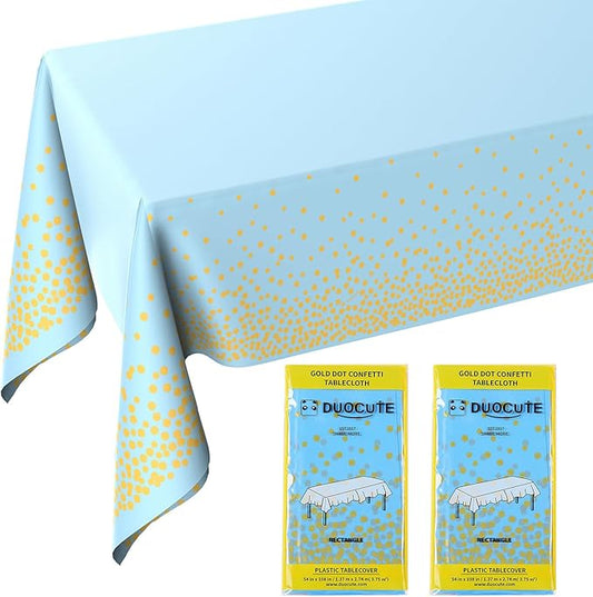 Blue and Gold Tablecloths for Party 2 Pack - 54x108 inch Gold Dot Confetti Disposable Rectangular Plastic Table Cover for Baby Shower Boy Birthday Engagement Wedding Gender Reveal BBQ Party