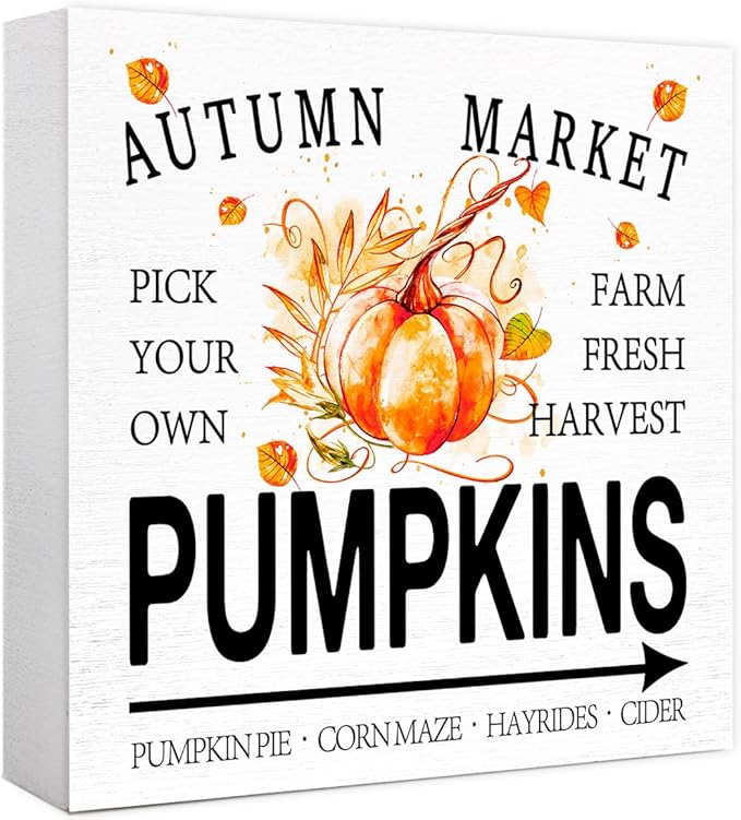 Funny Autumn Wood Box Sign Autumn Market Pumpkins Wooden Block Desk Decor for Home Office Kitchen Cubicle Table Shelf Tabletop,Farmhouse Fall Sign Decor