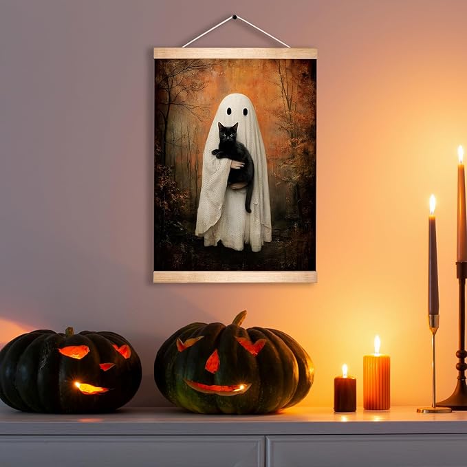 Rustic Ghost and Black Cat Wall Art 18.5x14 Inch,Fun Ghost Linen Canvas Wall Hanging Poster Decor, Retro Gothic Haunted House Theme Wall Poster for Library Reading Corner,Halloween Decorations (BLK05)
