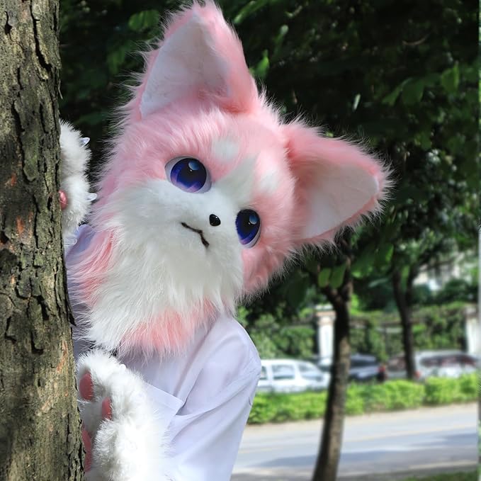 HAOAN Animal Furry Fursuit Head Mask Plush Cat Fox Mask Costume Props for Halloween Party