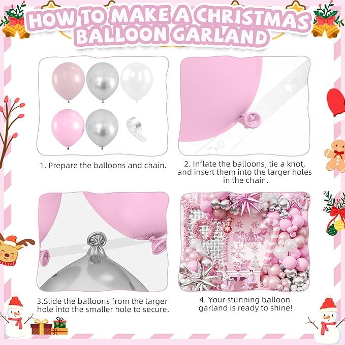 Christmas Balloon Arch Kit, Pink and White Silver Balloons Garland Arch with Double Pearl White Pink Balloons, Candy Cane Windmill Star foil Balloon for Christmas New Year Winter Decorations