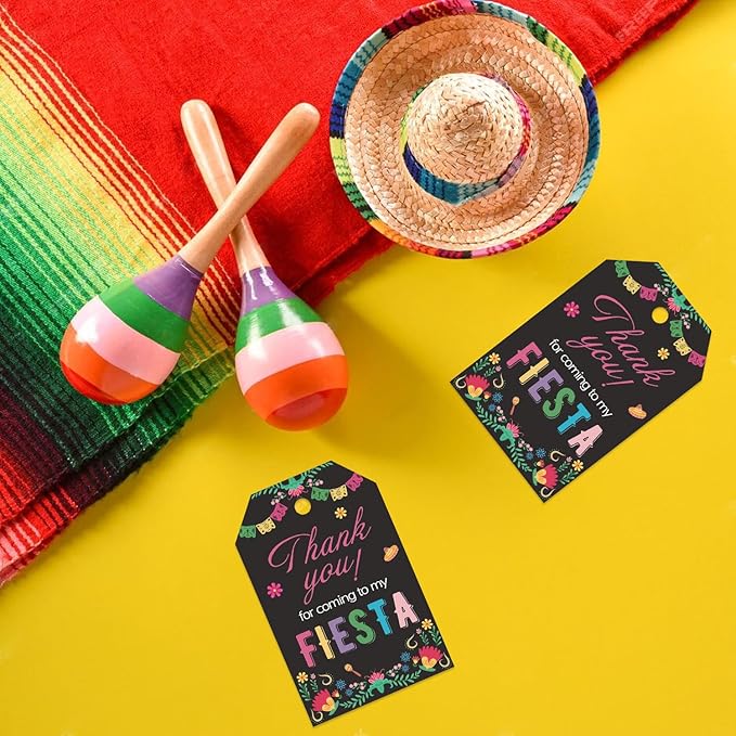 Aukolass 50PCS Fiesta Gift Tags, Thank You Tags for Mexican Themed Party Favors and Taco Bout Party Decorations-Double-sided (Black)