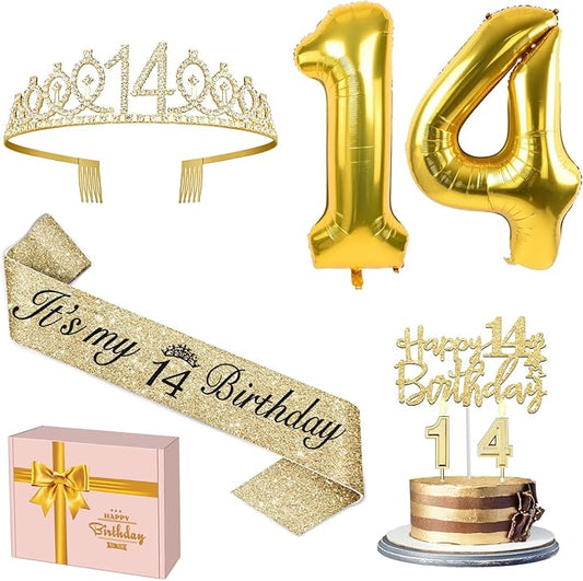 14th Birthday Decorations for Girls Gold with 14th Birthday Sash and Tiara, Candles and Cake Toppers, Number Balloon, 14 Year Old Gifts for Girls
