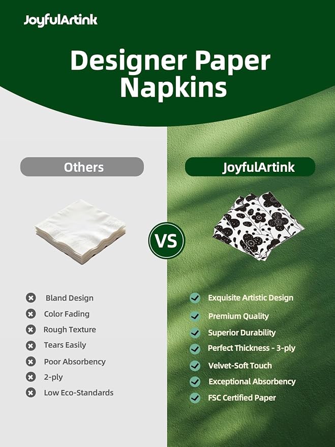 80 pack Designer Cocktail Beverage Napkins, 3-Ply 5x5-inches Disposable Decorative Fall Winter Guest Floral Black White Flower Napkin for Wedding Birthday Anniversary Party Baby Shower