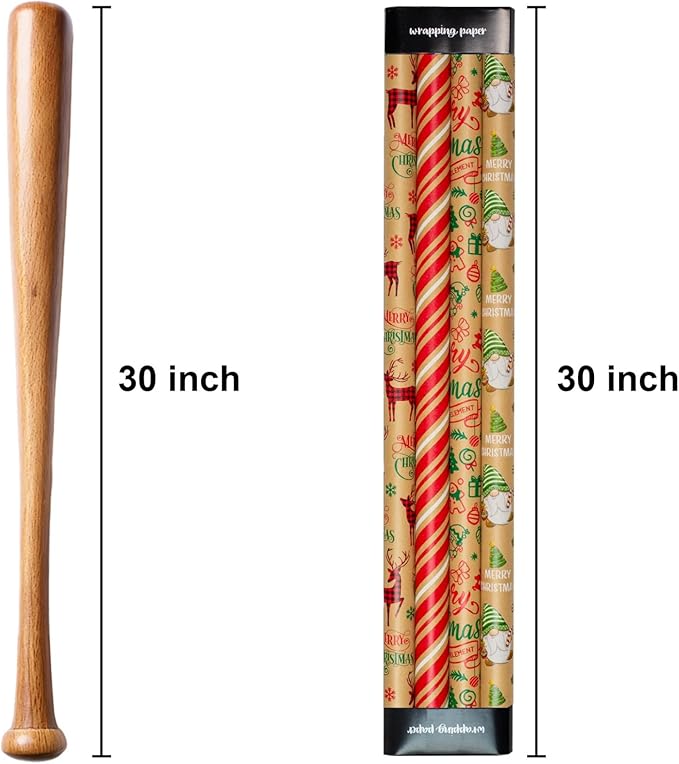 MAYPLUSS Christmas Wrapping Paper Jumbo Rolls - 30IN X 120IN - 4 Roll - Kraft Merry Christmas Reindeer Gnome Stripe for New Year Holiday Party Kids