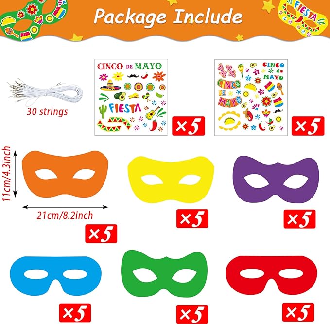 chiazllta 30 Pcs Fifth of May De Mayo Mask Craft Kits for Kids Mexican Themed DIY Eyeglasses Make Your Own Eyewears Fiesta Sombrero Party Favor Bulk Set for Preschool Classroom Activities