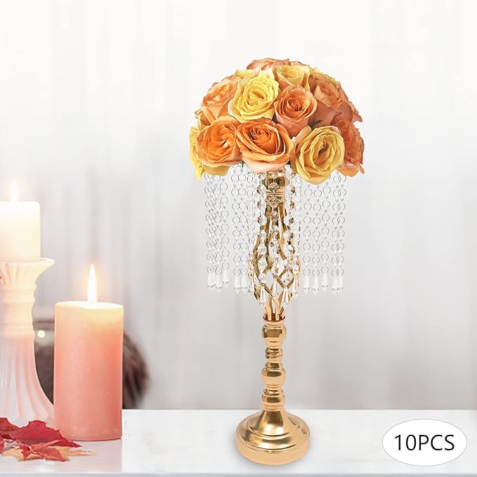 Wedding Centerpieces Gold Vases,10PCS Metal Flower Candle Holder with Sparkling Crystal Beads,Crystal Flower Vase Metal Flowers Stand for Party Tables Decorations (10PCS-Gold-15)
