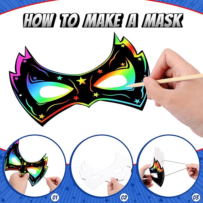 Deekin Mardi Gras Scratch Masks for Kids, Mardi Gras Crafts Rainbow Hero DIY Masks Craft Kit for Dress up Party Favor